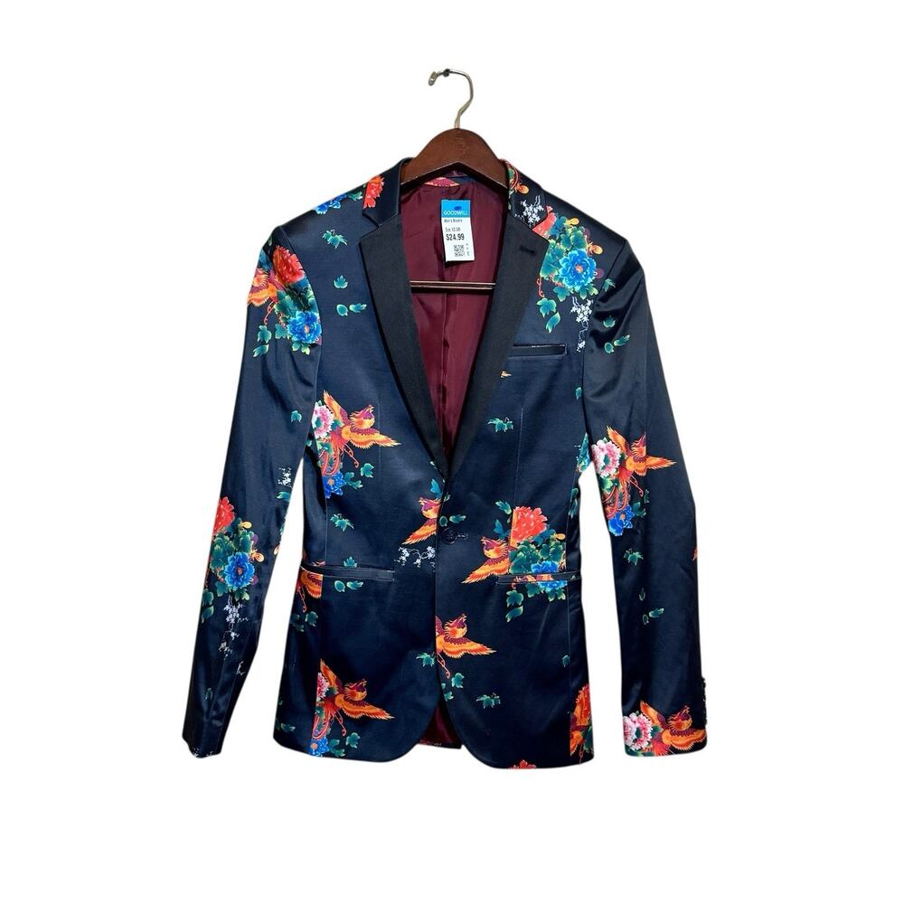 2024 ASOS Black Floral Sport Coat Suit Blazer Smoking Jacket 34R Wedding Guest